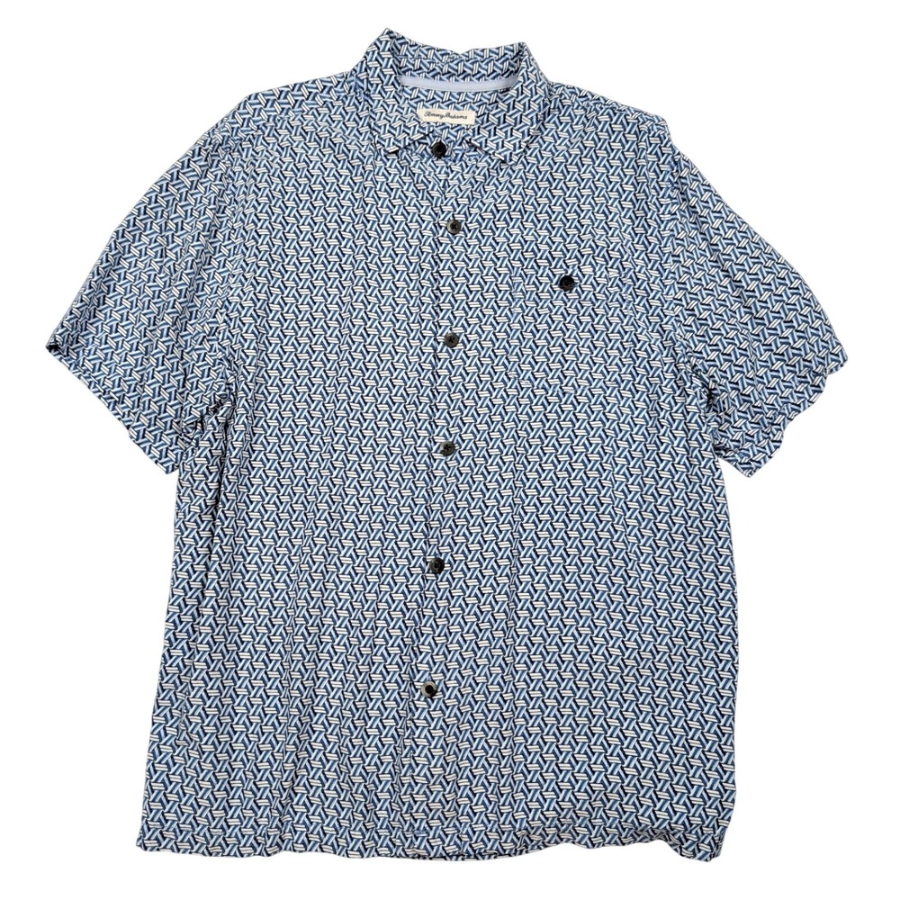Tommy Bahama Island Navy Marciano Geometric Tiles Button S/S Shirt Men's Size L